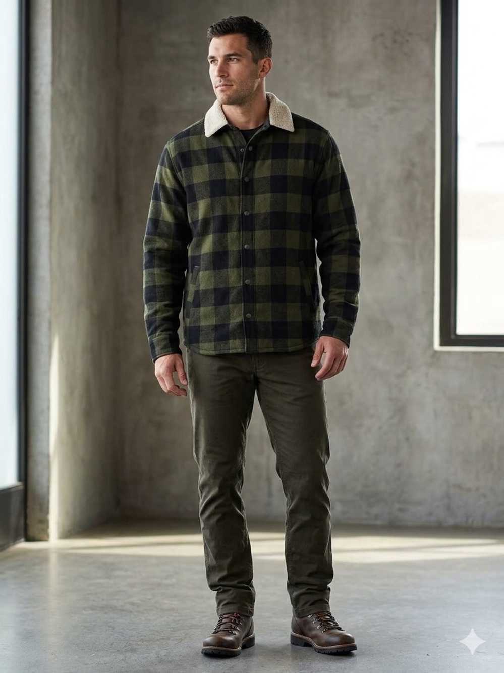 Smartwool XL Men's Green and Black Plaid Sherpa-Collar Jacket